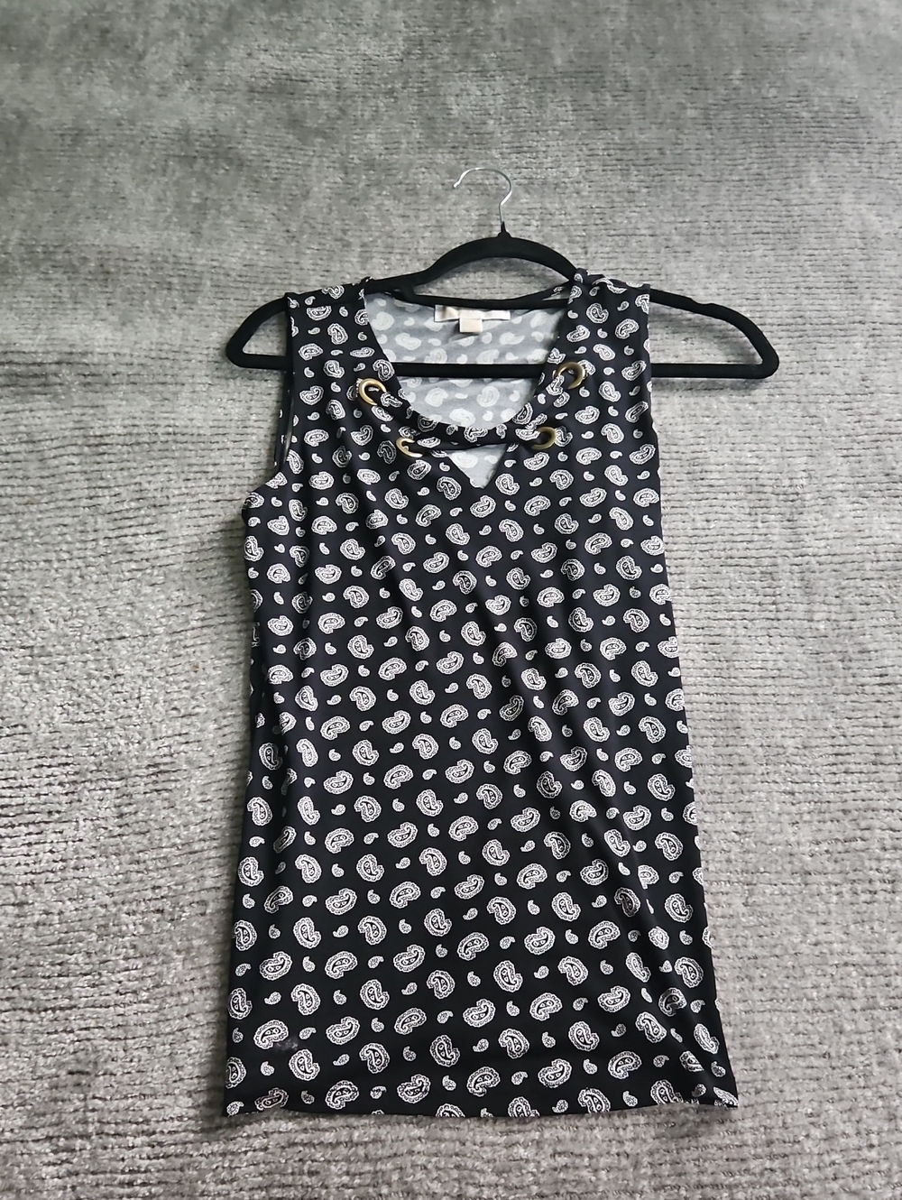 Michael Kors Sleeveless Black Paisley Tank with Grommet Detail